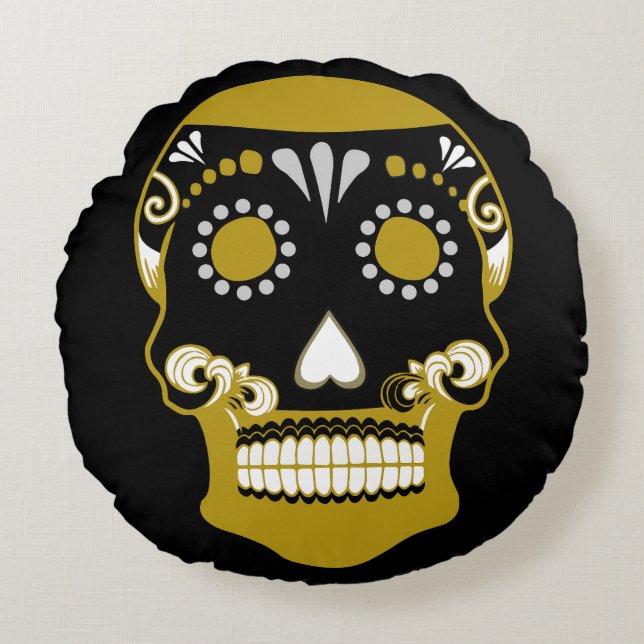 Día De Los Muertos Skull Skriv ut Rund Kudde (Framsidan)