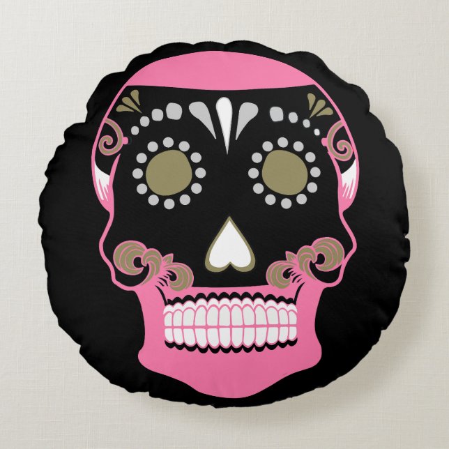 Día De Los Muertos Skull Skriv ut Rund Kudde (Framsidan)