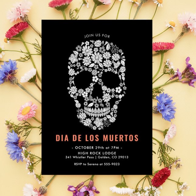 Dia de los Muertos Socker Skalle Svart Blommig Inbjudningar (Skapare uppladdad)