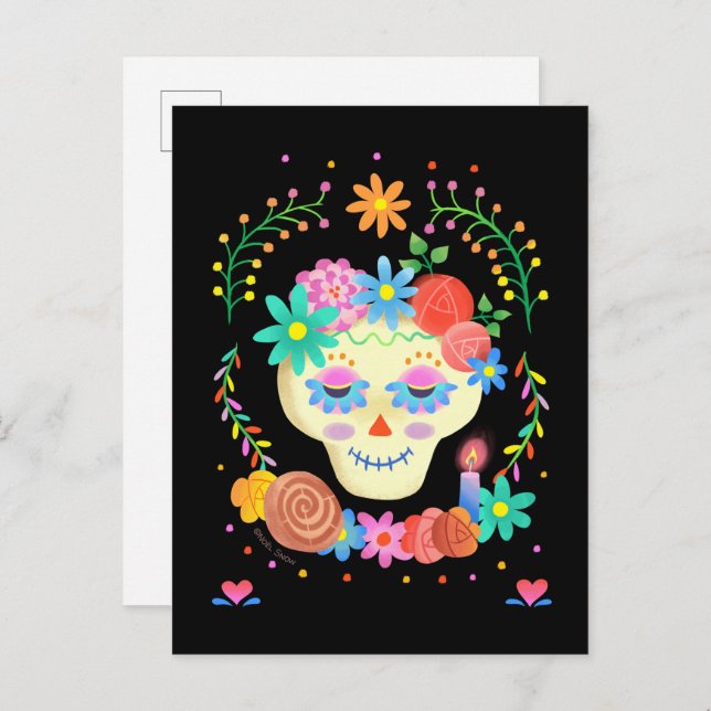 Día de los Muertos Sockerskalle Vykort (Fram/baksida)