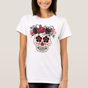 Dia de los Muertos Sugar Skull med Black Ro T Shirt