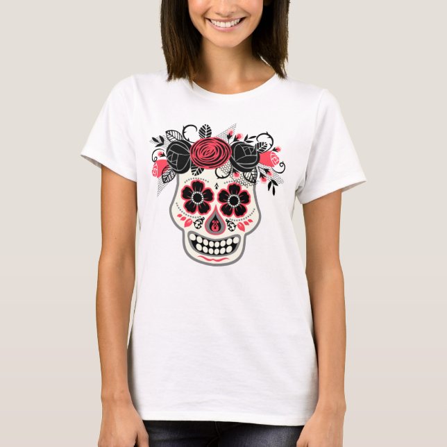 Dia de los Muertos Sugar Skull med Black Ro T Shirt (Framsida)