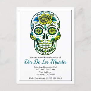 Dia de Los Muertos Sugar Skull med blommor Inbjudan Vykort