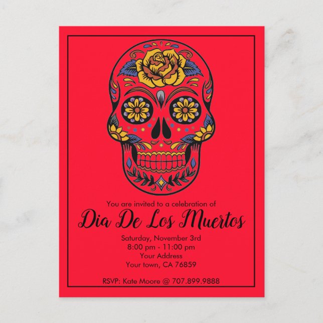 Dia De Los Muertos Sugar Skull Red Party Inbjudan Vykort (Framsida)