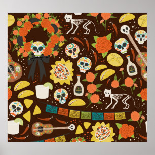 Dia De Los Muertos, tecknad mönster. Poster
