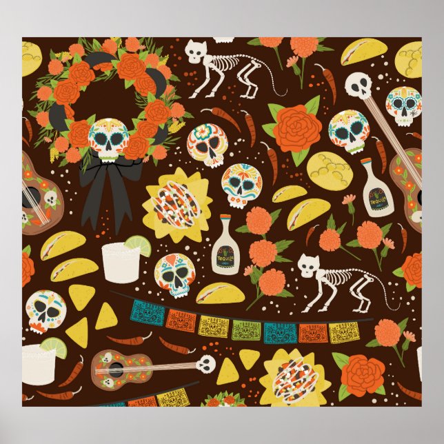 Dia De Los Muertos, tecknad mönster. Poster (Framsidan)
