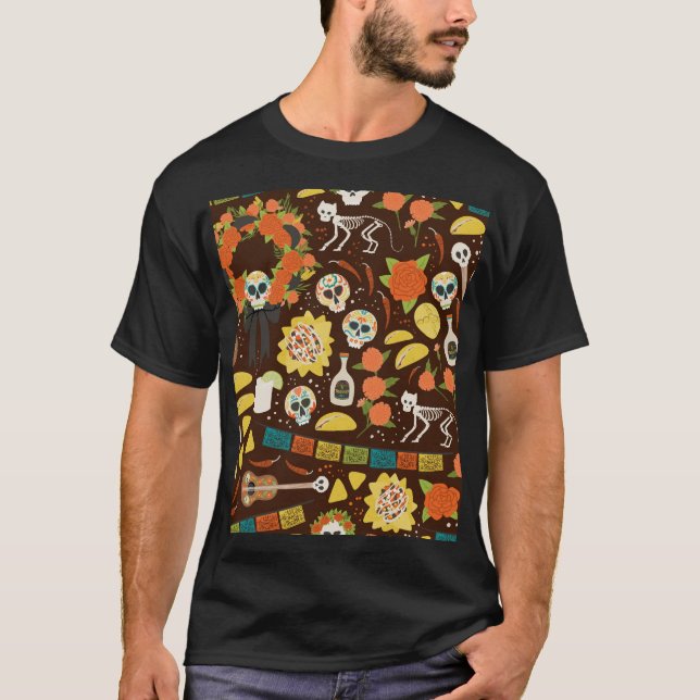 Dia De Los Muertos, tecknad mönster. T Shirt (Framsida)