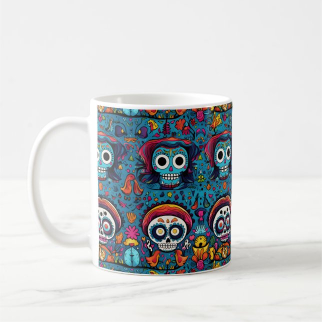 Dia de Muertos, blå döskallar mönster Kaffemugg (Vänster)