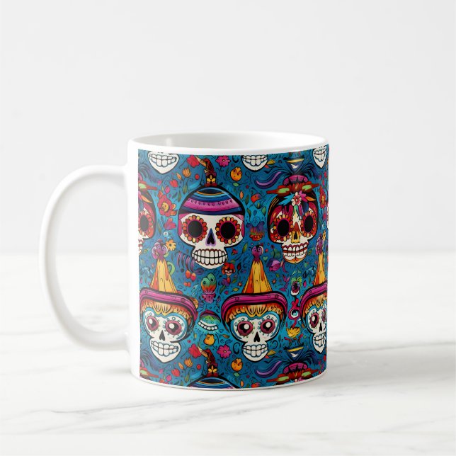 Dia de Muertos, blå döskallar mönster Kaffemugg (Vänster)