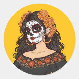 Día de Muertos Day of the dead Catrina Marigolds Runt Klistermärke