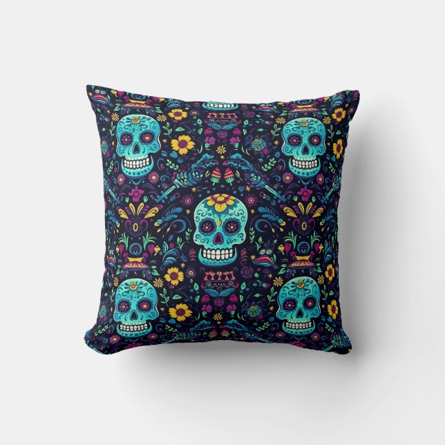 Día de Muertos Reverie: Turkvoise Sugar Skull Spec Kudde (Framsida)
