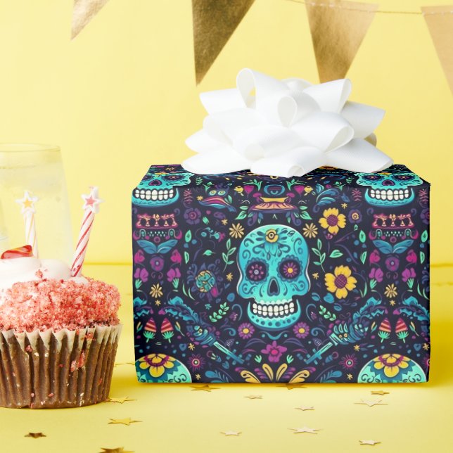 Día de Muertos Reverie: Turkvoise Sugar Skull Spec Presentpapper (Födelsedagsfest)