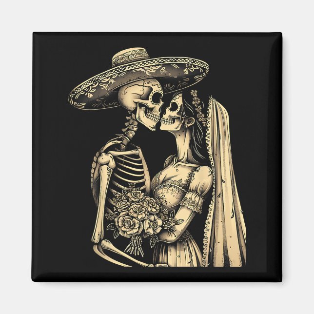 Dia De Muertos Socker Skalle Par Skelett Brud W Magnet (Framsidan)