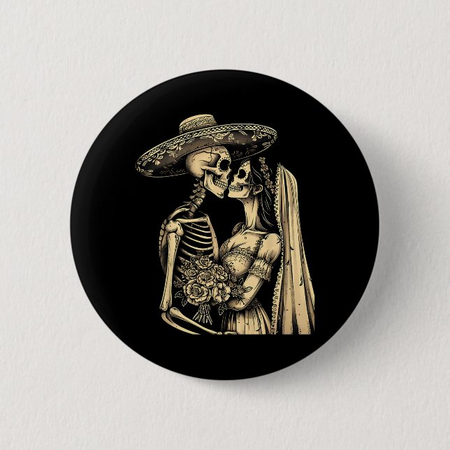 Dia De Muertos-sockerkallepar Skelettbrud W Knapp (Framsida)