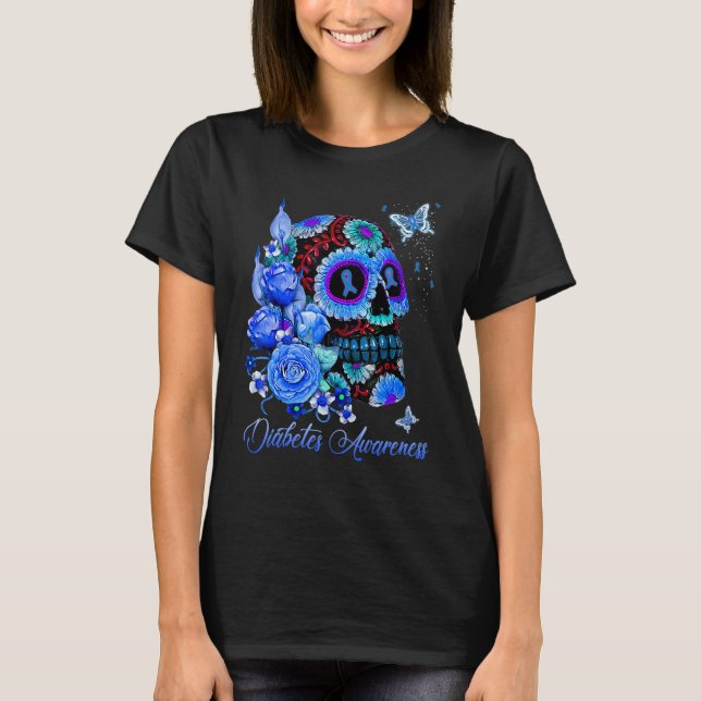 Diabetes Awareness Skull Blue Ribbon Rose Butterfl T Shirt (Framsida)