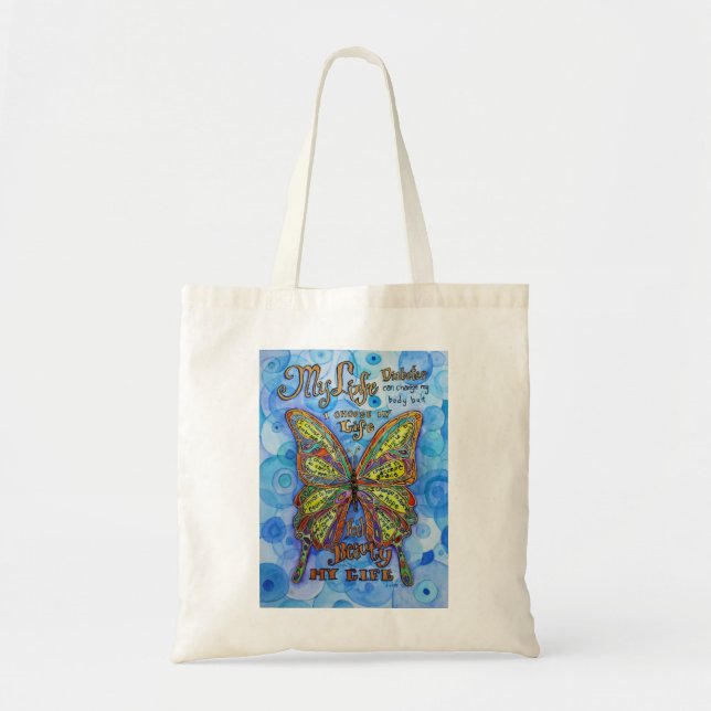 Diabetes Support Rainbow Butterfly Tote Bag Tygkasse (Framsidan)