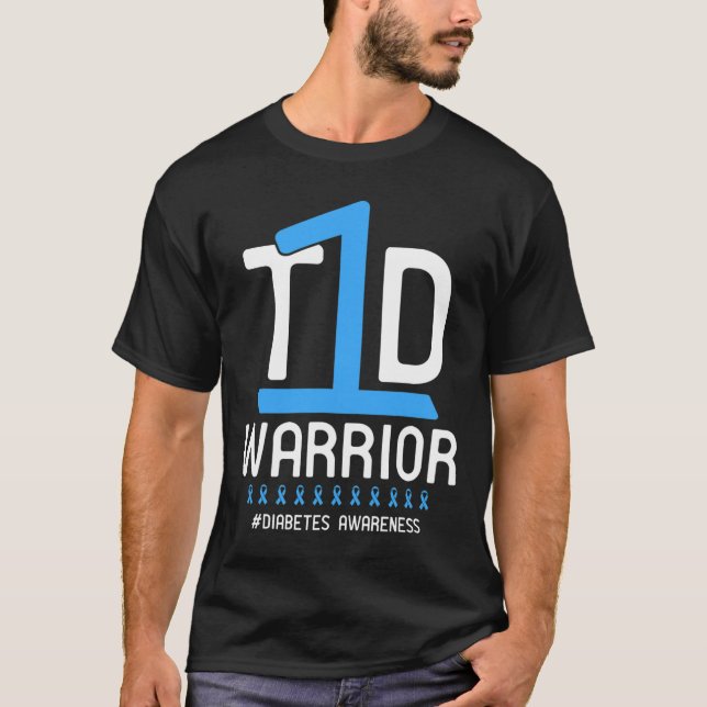 Diabetesmedvetande Blue Ribbon T1D Warrior 1 T Shirt (Framsida)