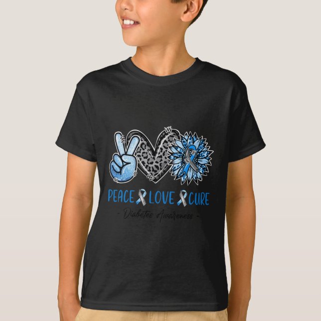 Diabetesmedvetande Peace Kärlek Cure Leopard Blue  T Shirt (Framsida)