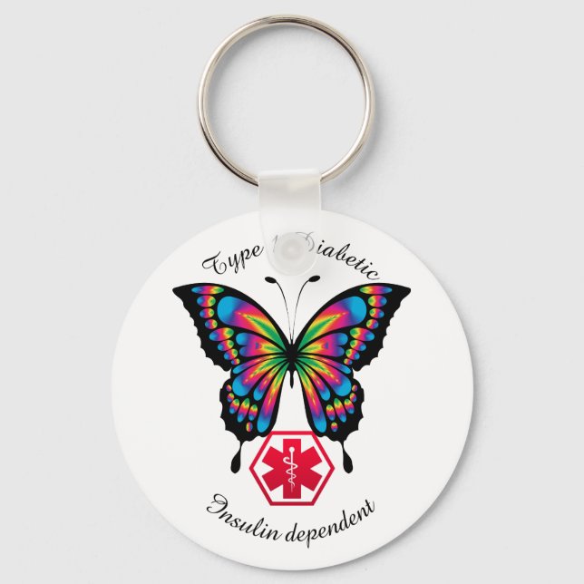 Diabetisk varning av typ 1 eller 2 Anpassa fjäril Nyckelring (Framsida)