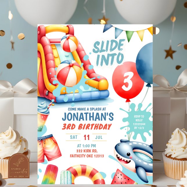 Diabild in Three Bassäng Födelsedagsfest Inbjudningar (Skapare uppladdad)