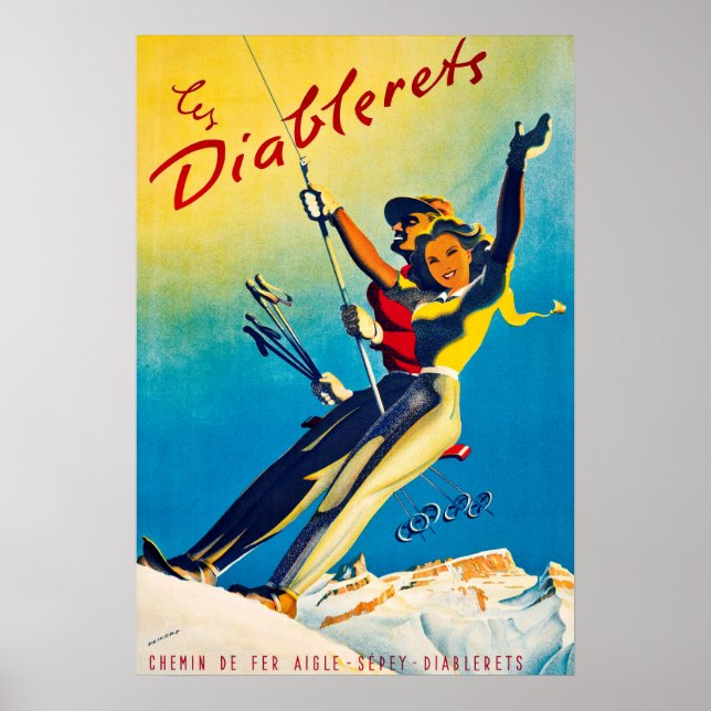 Diablereter, berg, par på en skidåk hiss poster (Framsidan)