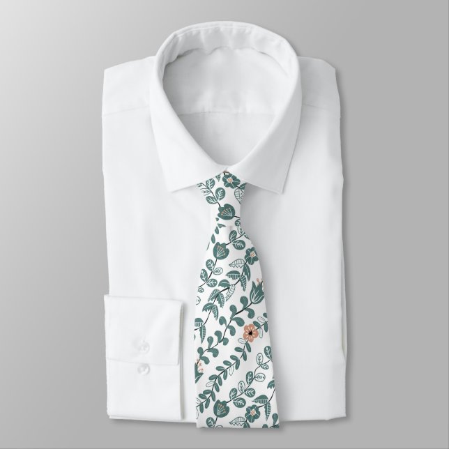 Diagonal Botanical Teal Namn Blommönster Slips (Bunden)