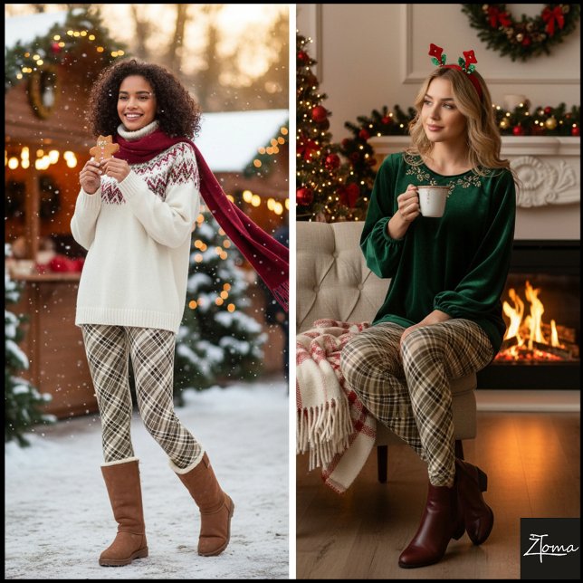 Diagonal Brown Tan Neutral Tartan Plaid Leggings (Skapare uppladdad)