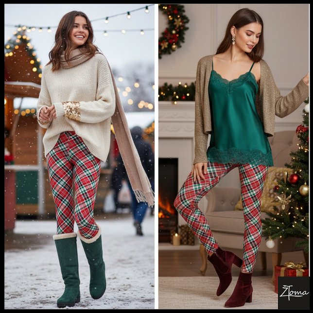 Diagonal julrutigt rutmönster rött grönt leggings (Skapare uppladdad)
