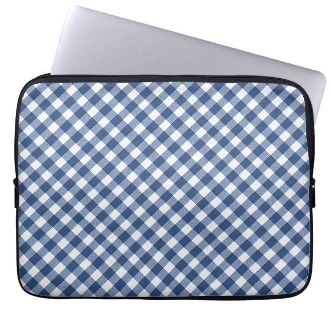 Diagonal Navyblå och Elfenbensvit Gingham Laptop Fodral (Framsidan)