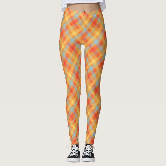 Diagonal Orange Ljusblå Rutig Mönster Leggings (Framsida)