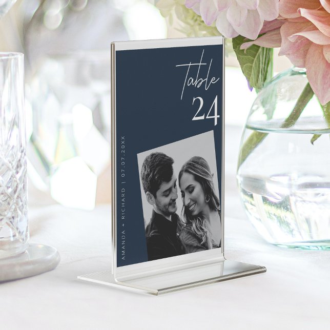 Diagonal Photo Magic: Modern Navy Bordsnummer (Navy Blue White Modern Photo Minimalist Romance Table Number)