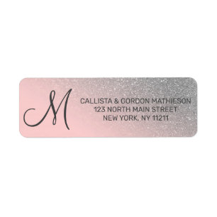 Diagonal Silver  Rosa Ombre Gradient Monogram Returadress Etikett