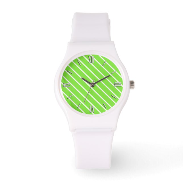 Diagonal streck - kalkgrönt och vitt armbandsur (Framsida)