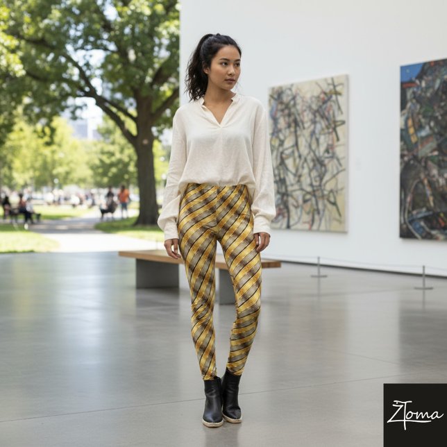 Diagonal Stripe Brown Gold Metallic Glossy Leggings (Skapare uppladdad)