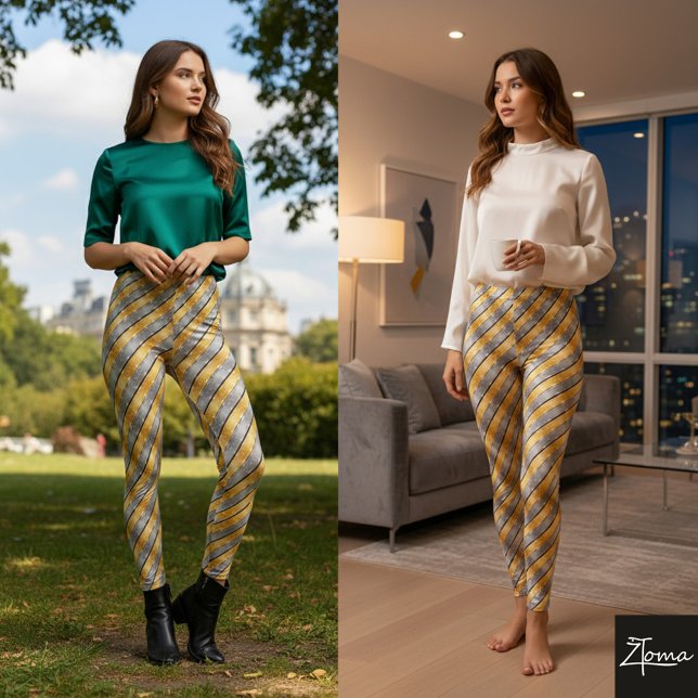 Diagonal Stripe Gold Silver Metallic Glossy Leggings (Skapare uppladdad)