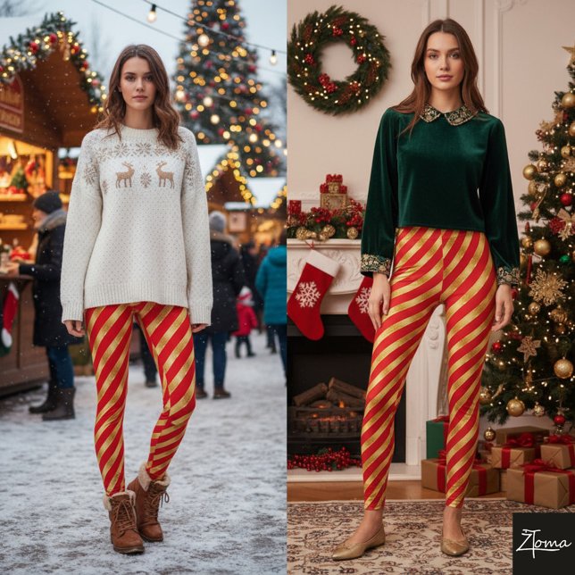 Diagonal Stripe Red Gold Metallic Glossy Leggings (Skapare uppladdad)