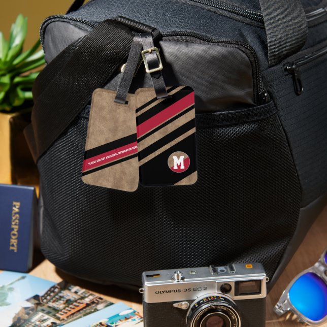 Diagonal svart&rött Rand med Monogram Bagagebricka (Fram & Baksida)