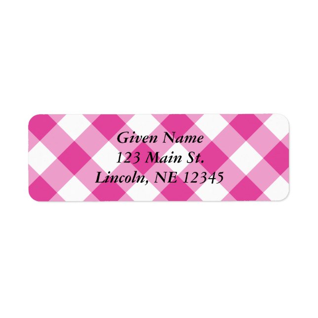 Diagonal White och Rosa Gingham Returadress Etikett (Framsidan)