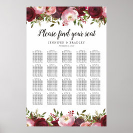 Diagram över Burgundy  Blommigt Bröllop 20 Bord Poster