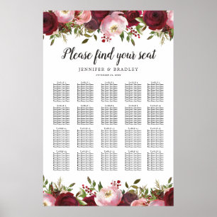 Diagram över Burgundy Blommigt Bröllop 20 Bord Poster