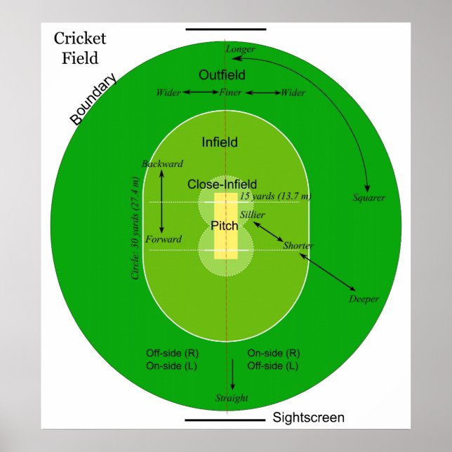 Diagram över en Grassy Oval Shaped Cricket Fält Poster (Framsidan)