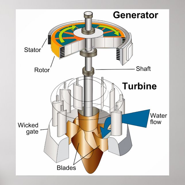 Diagram över en Vatten-turbinmotorgenerator Poster (Framsidan)