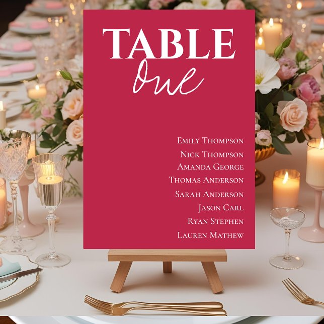 Diagram över minsta Magenta Bröllop Guest Bord (Contemporary Magenta Wedding Table Seating Chart)