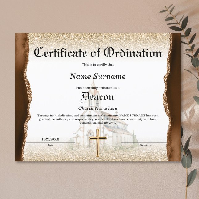 Diakon Kyrkcertifikat för vigning (pastor ordination certificate with brown agate, gold glitter and watercolor church)