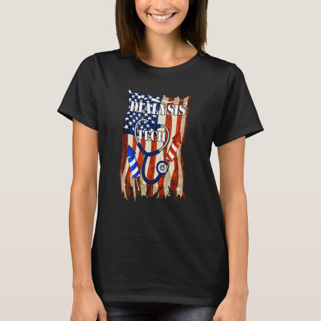 Dialysis Tech 4th Of July American Flag Stethoscop T Shirt (Framsida)