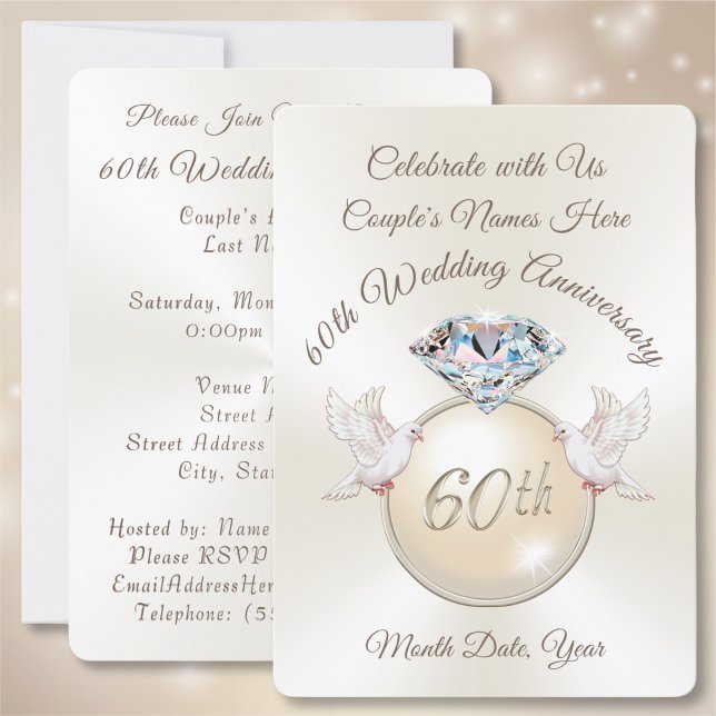 Diamant 60-års bröllopsjubileum inbjudningar (60th wedding anniversary invitation cards. Diamond anniversary. 60th anniversary party supplies. )
