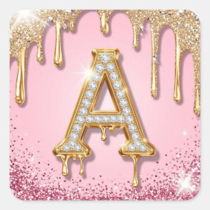 Diamant A Rosa Glitter Guld Ram Monogram Fyrkantigt Klistermärke