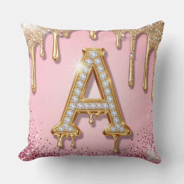 Diamant A Rosa Glitter Guld Ram Monogram Kudde (Framsida)