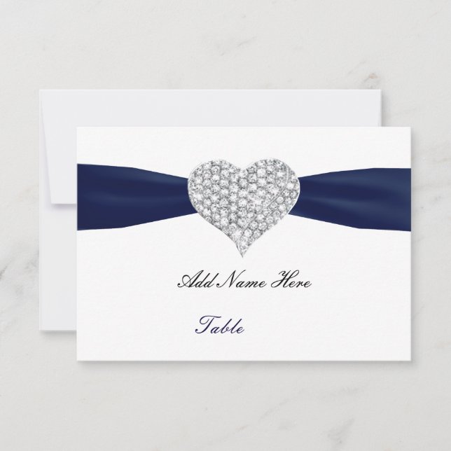 Diamant Heart Navy Blue Bröllop Bord Place Card Inbjudningar (Framsida)