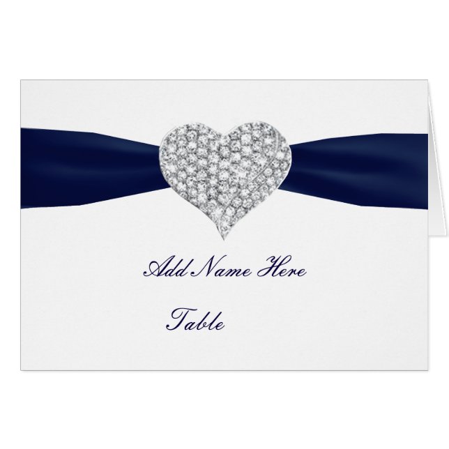 Diamant Heart Navy Blue Bröllop Bord Place Card OBS Kort (Framsidan Horizontal)
